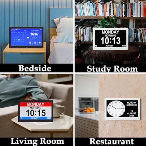 Horloge Numérique avec Calendrier de Jour, 7 Pouces WiFi Grande Horloge de Démence pour Les Personnes âgées, 5 Rappels D'alarme, Atténuation Automatique, AM/PM, Télécommande (Prise UE)