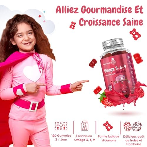Oméga 3 Enfants - Huile de Perilla 400mg/Portion (ALA 60%) - 120 Gummies Vegan (3-12 Ans) Pour La Croissance Des Enfants - Gummies Enfants Goût Fraise, Framboise - Alternative à l'Huile de Poisson