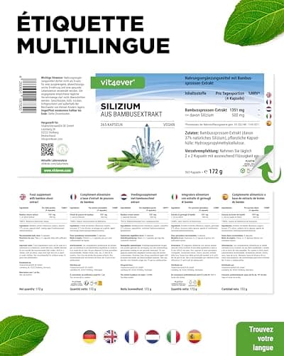 Silicium - 365 Gélules avec 500 mg de Silicium Organique par Jour - Premium : Extrait Naturel de Bambou - Haute Dose - Vegan