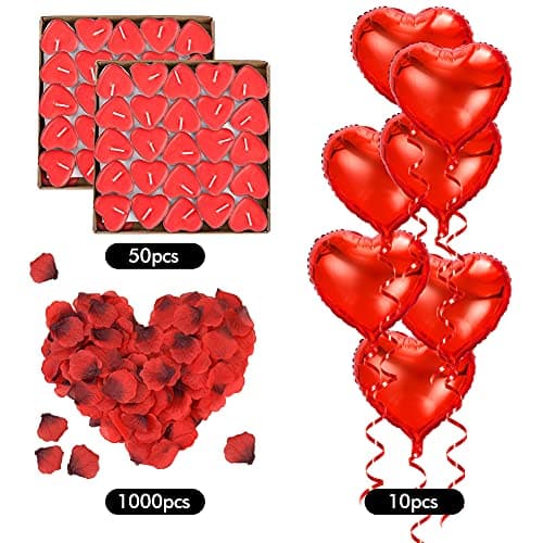 RANJIMA Décoration Romantique, Deco st Valentin Rouge, 1000 Pétale de Rose, 50 Bougies en Forme de Coeur, 10 Ballons Coeur Rouges pour Saint Valentin D'anniversaire Déco Fiançailles et Mariage