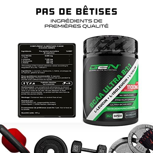 BCAA Ultra Caps - 365 gélules avec un dosage élevé de 1100 mg par gélule - Premium : rapport puissant 8:1:1 - Leucine, L-Isoleucine, L-Valine - Acides aminés essentiels à chaîne ramifiée
