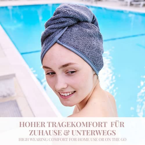 Carenesse Cheveux Turban tête Gris Anthracite avec Bouton 100% Coton, 24 x 70 cm, Serviette pour Cheveux, Chiffon Sec, Serviette de tête, Serviette pour Les Cheveux, Serviette à Cheveux