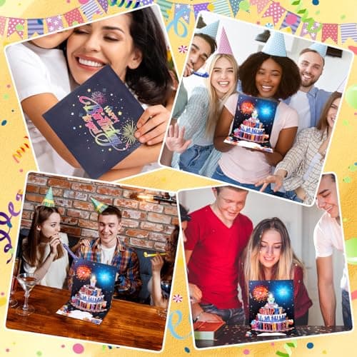 Carte d'Anniversaire avec Musique & Lumières, Blowable Carte Pop Up Anniversaire, Carte Anniversaire 3D Feux d'Artifice, Carte d'anniversaire avec Enveloppe pour Famille Amis