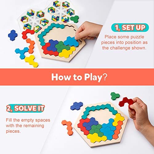 Coogam en Bois Hexagone Puzzle - Forme Bloc Tangram Casse-tête Jouet Géométrie Logique IQ Jeu STEM Montessori Cadeau Éducatif pour Tous Les Ages Défi