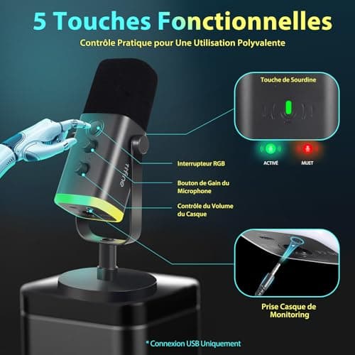 FIFINE USB/XLR Streaming Micro Dynamique pour PC, RGB Cardioïde Microphone pour Gaming, Podcasting, Broadcasting, Enregistrement Vocal, pour PS4/5 Mac PC Mixer Cartes Son