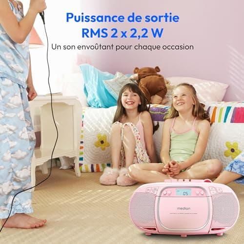 MEDION E66476 Stereo Sound System (Boombox, Lecteur CD, MP3, Cassette, Lecteur de Cassette Portable pour Enfants, Radio FM, AUX, écouteurs, Secteur & Batterie) Rose