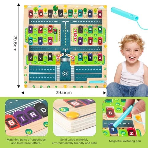 VLEDARLING Jeu Magnétique Labyrinthe Jouet en Bois, Labyrinthe Magnetique, Jouet Bois Montessori de 3-6 Ans, Apprendre Jeu de Tri, Jouet en Bois pour Apprendre Alphabet,Parking Labyrinthe Jouet Enfant