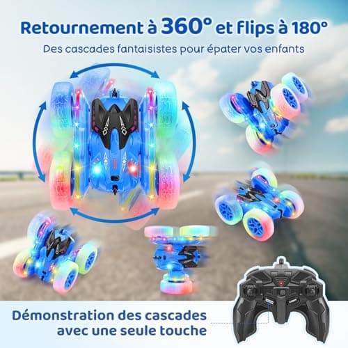 SGILE Voiture Télécommandée, Voiture Cascadeuse avec Bandes Lumineuses Latérales et Phares, 2.4Ghz, Rotations à 360°, Voiture RC Rechargeable Jouet pour Garçons Filles Cadeau d'anniversaire, Bleue