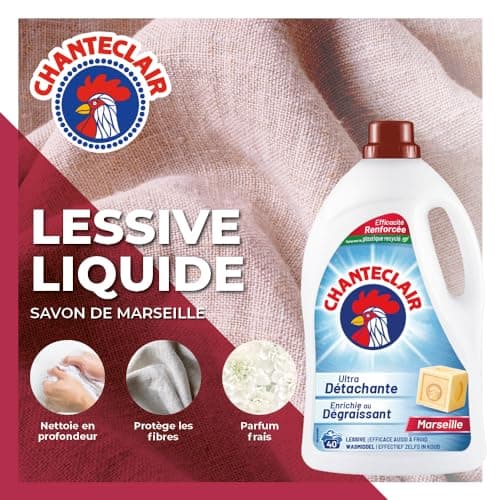 Chanteclair - Lessive Liquide Concentrées Marseille, Enrichie au Dégraissant, Ultra Détachantes et Efficaces aussi à Froid, 40 lavages - 8x 1800 ml