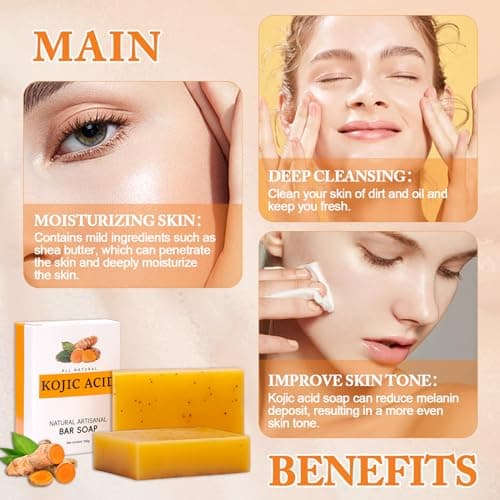 Savon à l'acide kojique au curcuma Savon au citron, Savon à l'acide kojique original, Savon au curcuma pour le visage et le corps, les taches brunes (2 pièces)