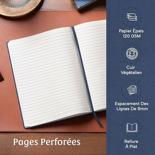 Beechmore Books Carnet de Notes Lignées - XL A4 Bleu Marine Journal Couverture Rigide Premium Cuir Vegan, Papier Ligné Crème Épais 120 g/m2, Boîte Cadeau, pour Écrivain, Journaliste, Réunion, Étudiant