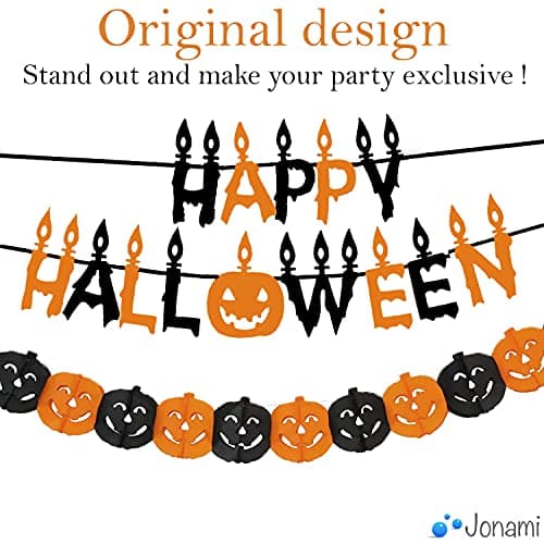 Jonami Deco Halloween Decoration Halloween XXL - Banderole Banniere Happy Halloween, Guirlandes Citrouilles, Ballons, Toile d’Araignees, Chauve-Souris 3D, Squelette Articule, Tissu Effrayante Noir