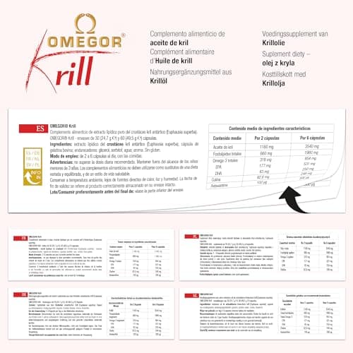 Omegor Krill - Complément alimentaire avec phospholipides, choline, Oméga-3 et astaxanthine à haute biodisponibilité - 260 mg d'EPA et DHA - Sans arrière-goût - Facile à avaler - 60 capsules