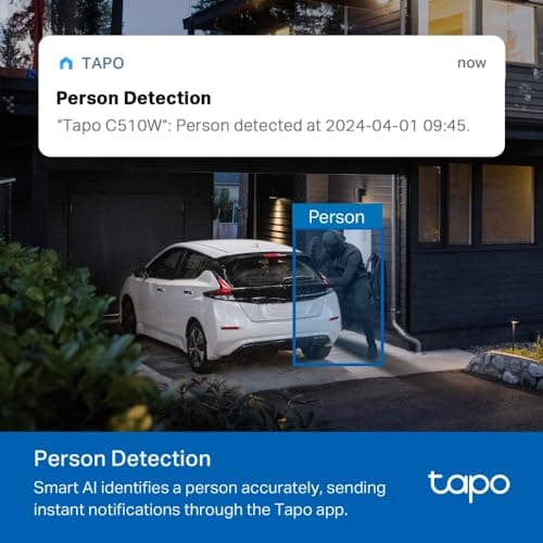 TP-Link Tapo 2K Caméra Surveillance WiFi extérieur 360° C510W, Vision nocturne couleur, Détection de Personne et Suivi de Mouvement, Étanche IP65, Alarme sonore Personnalisable
