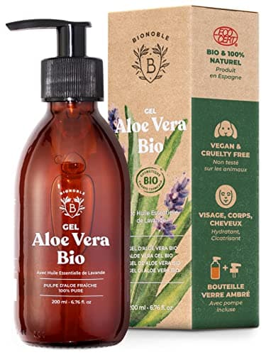 Bionoble Gel Aloe Vera Bio 100% Pur Aloe 200ml + Pompe - Bouteille en Verre - Gel Aloe Vera Cheveux Bouclés, Hydratant Crème Aloe Vera Visage, Soin Coup de Soleil Corps - Vegan Aloe Vera Gel Bio