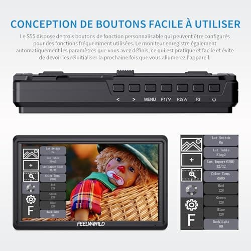 Feelworld S55 V3 6 Pouces sur Caméra Moniteur DSLR Camera Field Monitor Small Full HD 1920x1080 IPS Peaking Focus Video Assist avec 4K HDMI 8.4V DC Input Output Livré avec Batterie et Sac,Tilt Arm