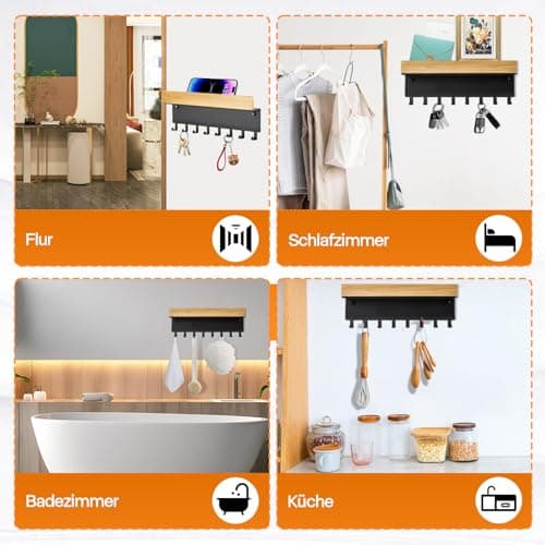 TINIFO Porte Clé Mural en Bois - Accroche Clef Mural Noir, Rangement Clef Mural Moderne avec 8 Crochets pour Couloir, Cuisine, EntréE