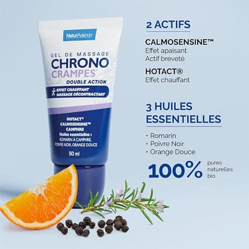 Laboratoire NaturAvignon Chronocrampes Gel de massage décontractant | Effet chauffant & relaxant | Appaisement immédiat | Embout applicateur tri-billes massant | Tube de 50ml