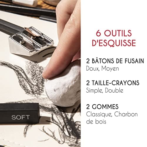 Kit de Dessin Complet - Debutant ou Professionnel - 19 accessoires : 8 Crayon Papier, 3 Crayons Charbon, 1 Graphite, 3 Bâtons Charbon, Carnet de Dessin 100 Pages - Cadeau Artistes Tous Niveaux