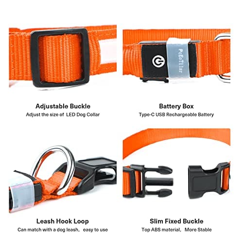 PcEoTllar Collier Lumineux Chien, Collier Chien LED Rechargeable et Etanche Clignotant, Collier Chien Fluorescent avec 7 Couleurs, Sécurité avec Réglable pour Petits Moyens Gros Chiens, Orange-M