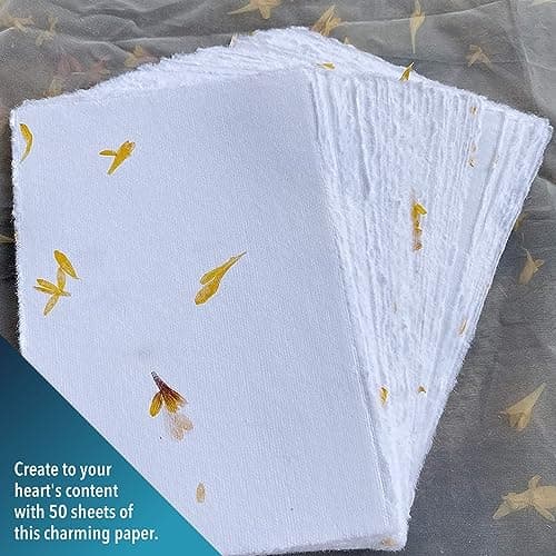 Wanderings Papier Blanc Fait À La Main Avec De Vrais Pétales De Fleurs – 21 X 15 cm – Format A5, Paquet De 50 – Papier À Feuilles Mobiles Mixtes Pour Aquarelle, Écrivains – Épaisseur 150 GSM