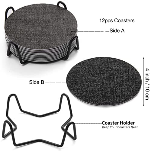 Chitomars Dessous de Verre en Cuir Lot de 12, Double Face Lavable sous-Verre Rond Antidérapant Résistant à la Chaleur Dessous de Verre pour Fêtes, Maison, Bureau et Plus (Gris Noir, Rond)