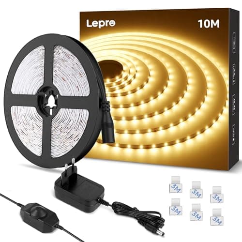 Lepro 10M Ruban LED Blanc Chaud Dimmable 12V 3000k 420LEDs V2835, Bande LED Autocollant Réglable via Variateur pour Miroir Dressing, Meuble, Escalier, Chambre, Cuisine