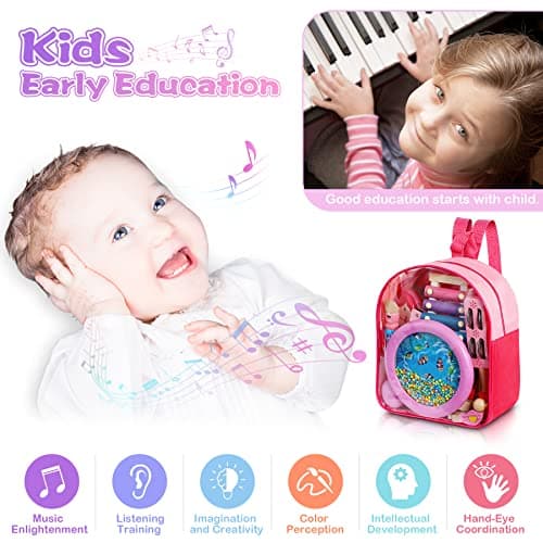 Jojoin 25PCS Instrument de Musique Enfant, Rose Percussion en Bois pour Bébé avec Xylophone, Tambourin, Ocean Wave Bead Drum, Jouet en Bois Musique, Jouets Musicaux avec Sac de Transport, 3+ Ans