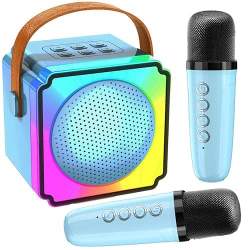 Joycome Karaoke Enfant avec 2 Microphones, Micro Portables Karaoké sans File, Jouet de Karaoké Bluetooth avec Voix Change et LED Lumière pour 3-12 Enfant Fille Cadeau Chanter Adulte - Bleu