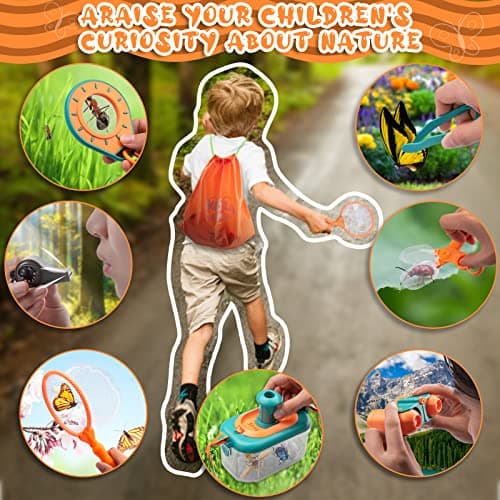 Achiyway Jouets Explorateur Extérieur Enfant Kit, Loupe Jumelle Boussole Papillon Filet Pince à épiler Attrape-Insectes Sac De Rangement, Cadeaux Randonnée Camping Nature éducatifs pour Enfants