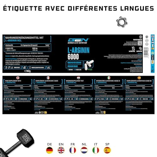 L-Arginine - 380 capsules végétaliennes - 6000 mg de L-Arginine HCL végétale par portion journalière (= 4980 mg de L-Arginine pure) - Acide aminé - Fortement dosé