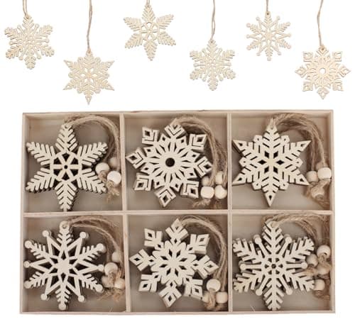 ilauke 24pcs Decoration Sapin de Noel en Bois 7x8cm,Flocons de Neige en Bois Decoration avec Boîte en Bois,6 Styles Ornements en Forme de Flocon de Neige en Bois de 3mm D'épaisseur pour Noël,Mariage