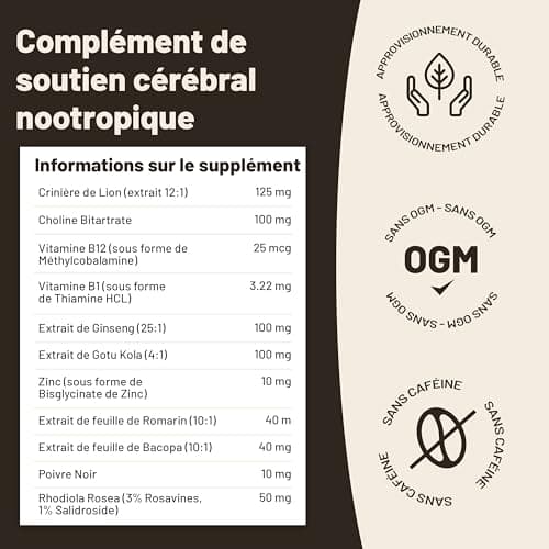 Complexe de capsules de supplément de champignons Lions Mane - Supplément sans caféine, extrait de crinière de lion - 120 capsules végétaliennes de Bacopa Monnieri, Gotu Kola, Ginseng