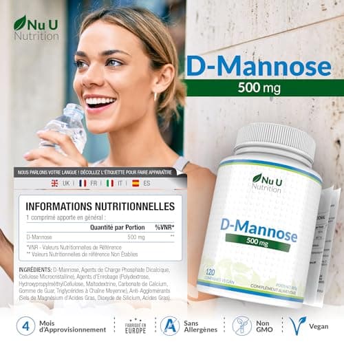 D-Mannose 500mg - 120 Comprimés Végétaliens - 4 Mois - Forte Puissance - Sans Allergènes - Pas de Gélules ni de Poudre de D Mannose - Nu U Nutrition