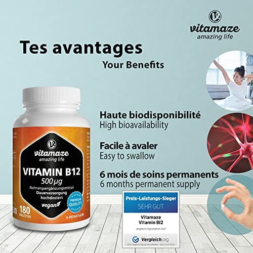 Vitamine B12 500 mcg Méthylcobalamine Hautement Dosée & Végétalienne - 180 comprimés pour 6 mois - Complément Alimentaire Naturel Sans Additifs