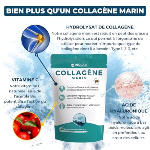 INOLAB Collagène Marin 2000 Da | 45 Doses de 5 g/jour | Collagène Français Breveté Naticol | Acide Hyaluronique + Acérola Bio | Arôme Naturel Café | Peau Élastique Hydratée & Articulations