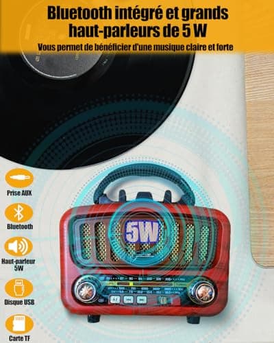Poste Radio Portable avec Haut-Parleur Bluetooth, AM/FM/SW Petite Radio Vintage avec Haut-Parleur 5W et Bluetooth 5.0, Transistor Radio a Pile avec Fonction USB/TF/AUX (Rouge)