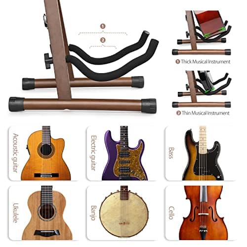 PlutuX Support de Guitare en Bois | Stand A Pliable Universel pour Guitare Acoustique | Electrique | Classique | Basse et Ukulélé | Porte Guitare Portable Support en Bois Dur Naturel Marron Foncé