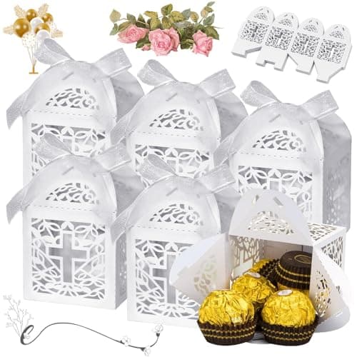 HEKOBAG 50 Pièces Boites à Dragées, Boîte à Bonbon Mariage avec 50 Rubans, Boîte Cadeau Mariage, Petite Boîte Emballage Cadeau pour Mariage, Communion, Baptême, Baby Shower, Noël (5x5x8cm)