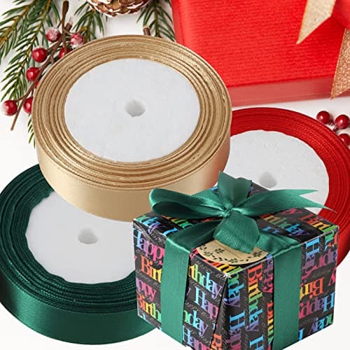 3 Rouleaux Ruban Satin, 2,5cm x 22m Ruban Satin Rouge, Or et Vert Foncé, Ruban Tissu Couleur pour Emballage Cadeau Noël Bouquet de Mariage Anniversaire Artisanat
