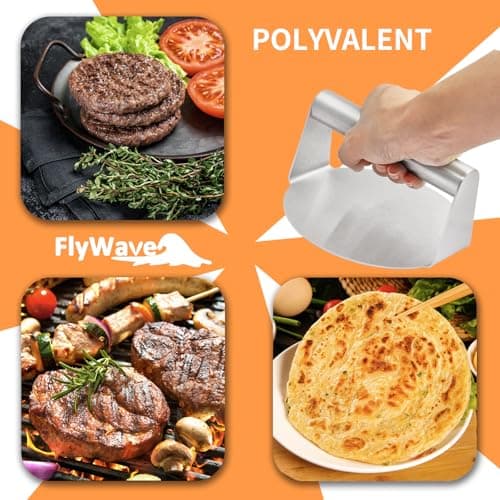 FlyWave Presse à Hamburger et Steak Haché en Acier Inoxydable, Antiadhésive, Idéale pour Smash Burger, Moule à Steak Haché, Parfait pour BBQ et Cuisine Maison