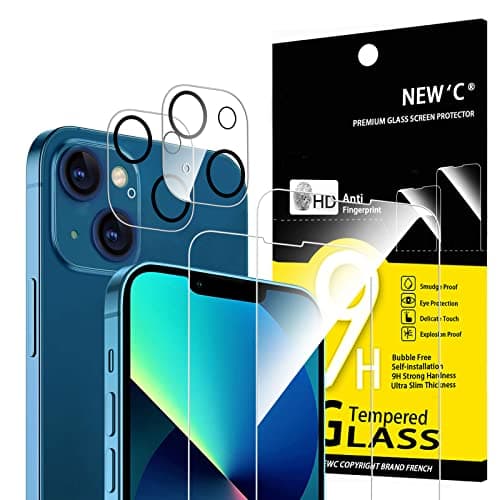 NEW'C Lot de 4, 2 x Verre Trempé pour iPhone 13 (6,1), et 2 x Protection Caméra Arrière - sans Bulles d'air -Ultra Résistant - Dureté 9H Glass