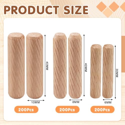 NAROSEBE 600 Pcs Cheville en Bois M6 M8 M10, Tourillons en Bois Rainurés, Cheville Bois Menuiserie, Tourillon Bricolage Conique, Cheville Bois Meuble, pour Table Placard Assemblage DIY Charpentier