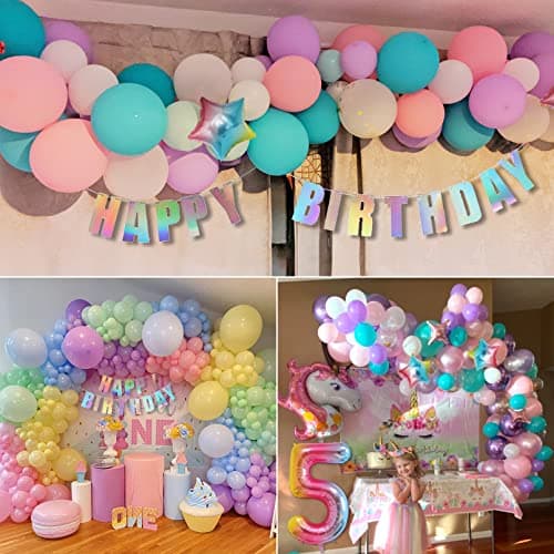 5 Ans Licorne Ballons Arche Anniversaire Décorations Fille, 120 Pièces Kit Pastel Ballon avec 3D Licorne Macaron Rose Violet Latex Confetti Numéro 5 Ballons Joyeux Anniversaire Bannière Cake Toppers