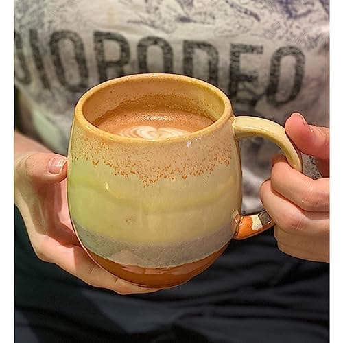 Xfeyaqlo Tasse Céramique émaillée, Tasse Gros Ventre Grande Tasse 500ml, Tasse Vintage Cafe, Grande Tasse à Café en Céramique, Profitez d'une Vie Merveilleuse (Fauve)