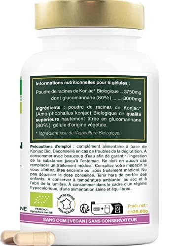 Konjac BIO Extra Fort | 3000mg Glucomannane | 180 Gélules Vegan | Aide au contrôle du poids dans le cadre d’un régime hypocalorique | Qualité Supérieure