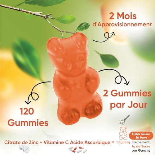 Vitamine C Gummies Avec Zinc - 120 Gummies Vegan (2Mois) Adultes & Enfants (Dès 5ans) - Arôme Naturel d'Orange - 200mg Vit C Acide Ascorbique et 6mg Zinc - Gummies Énergie & Immunité Adulte/Enfant