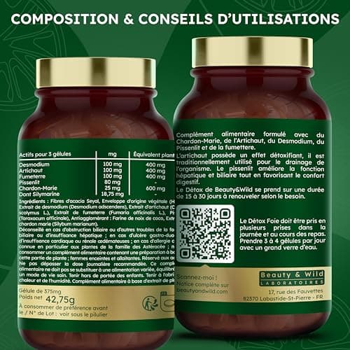 DÉTOX FOIE - Complément Alimentaire d’Artichaut, Chardon-Marie, Pissenlit - Confort Digestif, Protège le Foie, Draineur, Intestins et colon, perte de poids, minceur, 120 gélules - Beauty&Wild