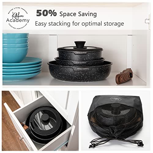 Kitchen Academy Lot de 10 Casseroles et Poêles, Poêle à Frire 20 cm/25 cm, Casserole 18 cm, Induction, Poignée Amovible, Revêtement Antiadhésif, Noir