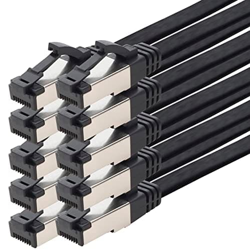 1aTTack.de 0,25 m Câble patch Cat 8 plat noir Câble réseau 40 Gigabit Câble Ethernet LAN 40 Gbits 2000 MHz Câble patch Câble Cat8 LSZH TPE PIMF Connecteur Rj45 10 pièces - 0,25 m